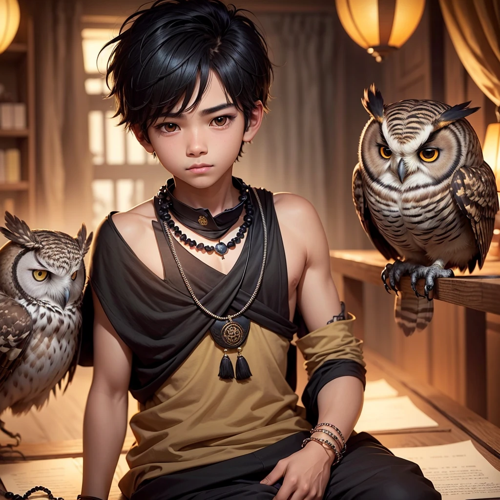 can you generate an image of boy wearing a  attire with an owl in his shoulder then make him black and put a necklace with name Achi then put his background in library