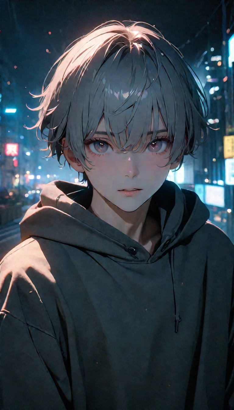 (8K, RAW photos, best quality, masterpiece: 1.4), (((Call up的男孩))),Ultra-high resolution, Extremely detailed, light, Upper body close-up, handsome boy, black eyes, (delicate eyes, Eyes are bright:1.2), Gray short hair, Fair skin,dark, Grey sweatshirt, sweatshirt with hood,(perfect anatomy:1.2), High-quality shadows, Natural Lighting, (White highlights:1.2), night, cloudy day, (Four-story residential building:1.2), (Call up:1.2)