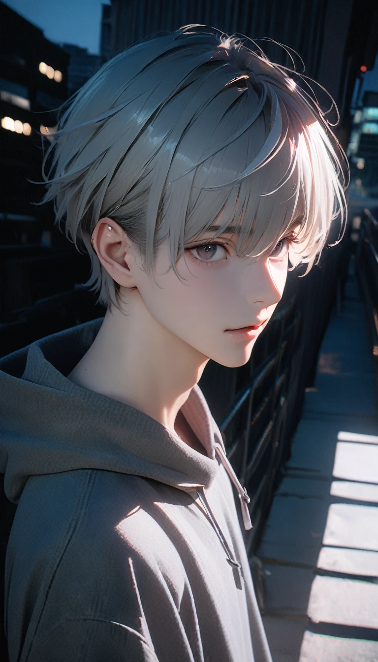 (8K, RAW photos, best quality, masterpiece: 1.4), (((Call up的男孩)))，Ultra-high resolution, Extremely detailed, light, Upper body close-up, handsome boy, black eyes, (delicate eyes, Eyes are bright:1.2), Gray short hair, Fair skin,dark, Grey sweatshirt, sweatshirt with hood,(perfect anatomy:1.2), High-quality shadows, Natural Lighting, (White highlights:1.2), night, cloudy day, (Four-story residential building:1.2), (Call up:1.2)