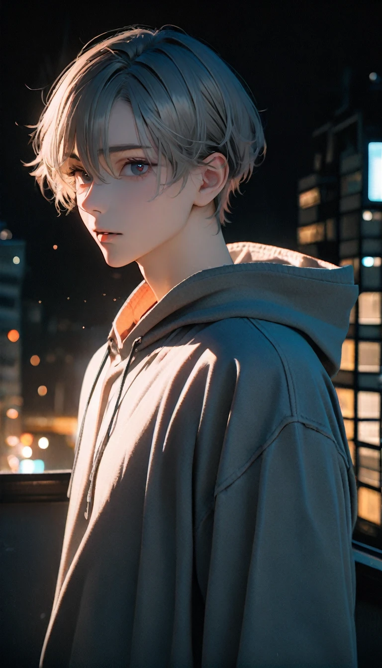 (8K, RAW photos, best quality, masterpiece: 1.4), (((Call up的男孩))),Ultra-high resolution, Extremely detailed, light, Upper body close-up, handsome boy, black eyes, (delicate eyes, Eyes are bright:1.2), Gray short hair, Fair skin,dark, Grey sweatshirt, sweatshirt with hood,(perfect anatomy:1.2), High-quality shadows, Natural Lighting, (White highlights:1.2), night, cloudy day, (Four-story residential building:1.2), (Call up:1.2)