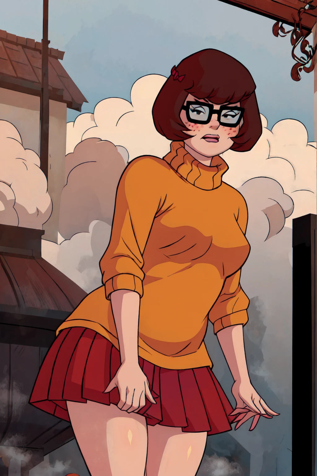 1girl, Velma from scooby-doo, solo, fat (fat body), brown hair, black eyes, square glasses, orange turtleneck blouse and red skirt, eyeliner, looking at viewer, lips, black bob cut, blunt bangs, blush, standing, upper body, face focus, outdoors, horror \(theme\), night, fog egirlmakeup, angry face