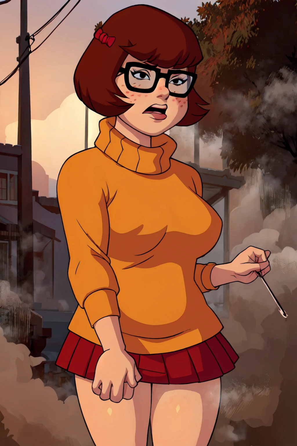 1girl, Velma from scooby-doo, solo, fat (fat body), brown hair, black eyes, square glasses, orange turtleneck blouse and red skirt, eyeliner, looking at viewer, lips, black bob cut, blunt bangs, blush, standing, upper body, face focus, outdoors, horror \(theme\), night, fog egirlmakeup, angry face