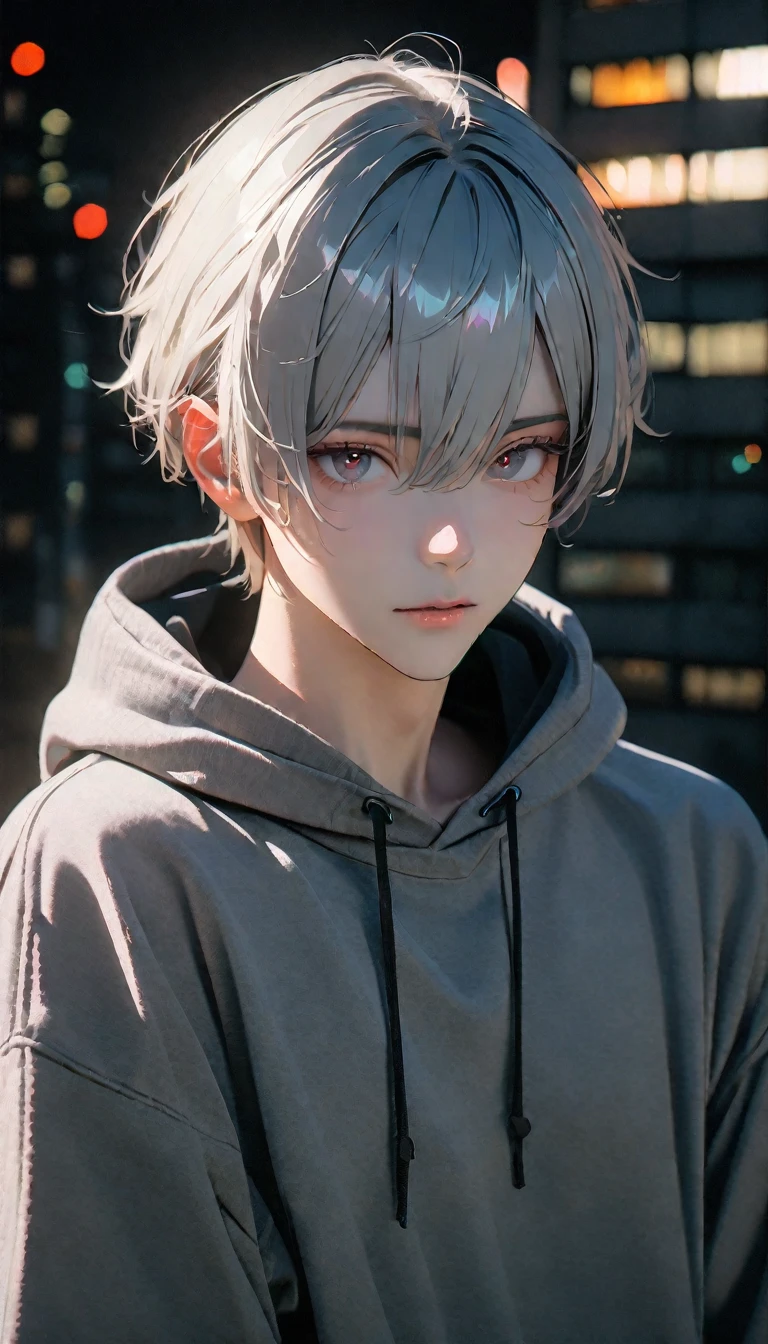 (8K, RAW photos, best quality, masterpiece: 1.4), (((Call up的男孩))),Ultra-high resolution, Extremely detailed, light, Upper body close-up, handsome boy, black eyes, (delicate eyes, Eyes are bright:1.2), Gray short hair, Fair skin,dark, Grey sweatshirt, sweatshirt with hood,(perfect anatomy:1.2), High-quality shadows, Natural Lighting, (White highlights:1.2), night, cloudy day, (Four-story residential building:1.2), (Call up:1.2)