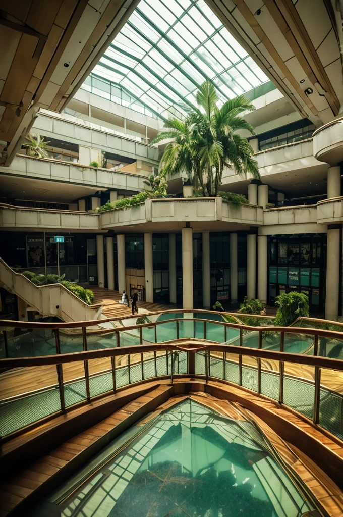 Huge fantasy abandoned mall, Flooded floors, Glass ceiling, Upper floor observation deck with balustrade, wood, ブドウのwood, orchid, Bromeliad, palm wood, Decorations, Golden, Many plants, Tropical plants, Marble wall, Dynamic Light, 8K, masterpiece, Super detailed, beautiful.