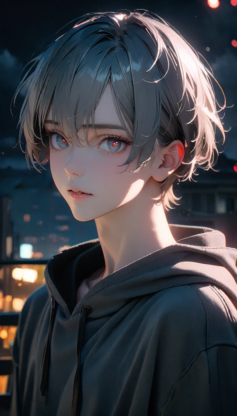 (8K, RAW photos, best quality, masterpiece: 1.4), (((Call up的男孩)))，Ultra-high resolution, Extremely detailed, light, Upper body close-up, handsome boy, black eyes, (delicate eyes, Eyes are bright:1.2), Gray short hair, Fair skin,dark, Grey sweatshirt, sweatshirt with hood,(perfect anatomy:1.2), High-quality shadows, Natural Lighting, (White highlights:1.2), night, cloudy day, (Four-story residential building:1.2), (Call up:1.2)
