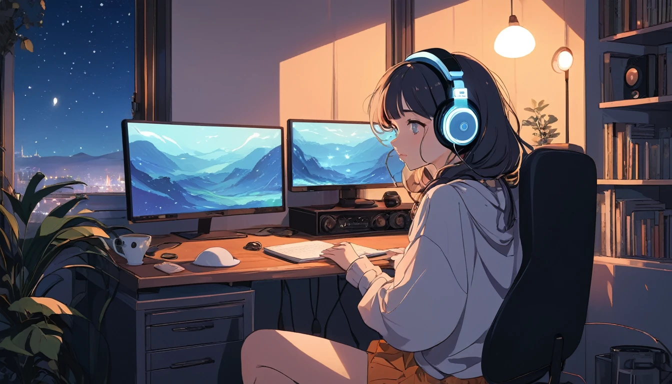 Beautiful woman wearing headphones、Computer and mug on the desk、Night outside the window, Wide-angle lens, Lofi Anime, Lofi illustration, Aesthetic atmosphere, Lo-Fi Style, Vector art, Flat Design, Simple shape, Warm tones, Pleasant atmosphere, Chill, In anime style, Digital drawing, Vector art, Vector logo for t-shirt printing, (Adorable:1.5), (small:1.4), (Playful:1.2), (soft:1.3), (Whimsical:1.1), masterpiece, Highest quality, 8K, Intricate details, grow, Celestial, Mysterious, Picturesque, amazing, Majestic, Magic, Fantasy art, Cover art, dream-like