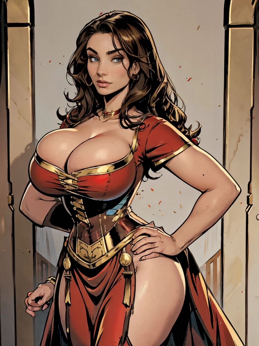 Gorgeous and sultry busty athletic (thin) brunette with sharp facial features and (huge boobs) wearing a red dress, corset, gold trim, sorceress attire