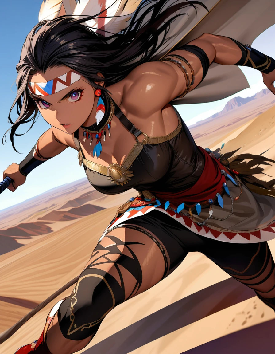 Native American warrior\(beautiful,beautiful,age 18,(muscular:1.3),(holding 1tomahawk:1.2),Dark skin,floating dark hair,dark and bright eyes,large eyes,face with strong will,leather dress\(Stripe, glass beads\),indian cape\(Stripe, glass beads\), war hats\(Native American Feather Crown\),fresh skin, dark and bright,mama,collar\(many fangs),indian moccasins,glass bead earrings,whole body\), BREAK 1hawk\( flying\),bottom(outside,American desert,Western era,),Dynamic action poses, dynamic angles, BREAK ,quality\(8k,bottom de pantalla de una unidad CG extremadamente detallada, masterpiece,high resolution,top-quality,top-quality real texture skin,hyperrealistic,increase resolution,RAW Photos,la mejor quality,Very detailed,el bottom de pantalla,cinematic lighting,ray trace,golden ratio\)[NSFW:2.0],looking at the viewer,long shot, plano general