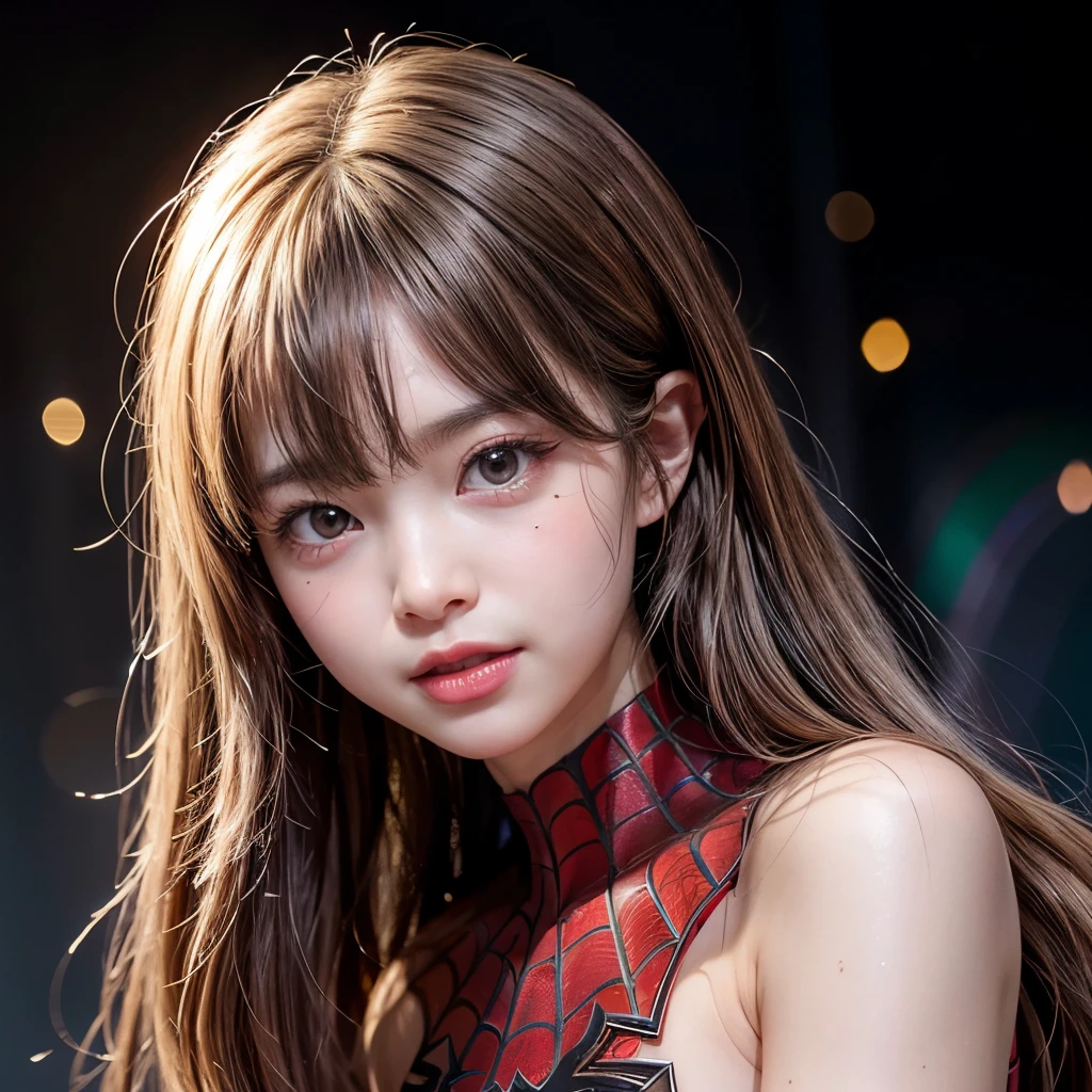 NSFW, 8k, High-level, absurd, masterpiece, best quality, primitive, very detailed CG, very detailed wallpaper, perfect lighting, Extremely detailed (((The personifying " Spiderman " as a ))), MysticSight, Tyndall effect, Tyndall scattering, Studio gray background with (many Dazzling RainbowColor particles BokeH:1.28), (RoundlyButts, ThighGap), (Exposed:0.4), (Assfocus with looking ahead), BREAK (NOGIZAKA face variations) Extremely Detailed very KAWAII face variations, perfect anatomy, Childish, captivating gaze, elaborate detailed Eyes with (sparkling highlights:1.28), long eyelashes、Glossy RED Lips with beautiful details, Coquettish tongue, Rosy cheeks, Radiant PearlSkin with clear transparency . { (Dynamic LifeLike expressions:1.4) | :d) }, (large eyes:-1) .