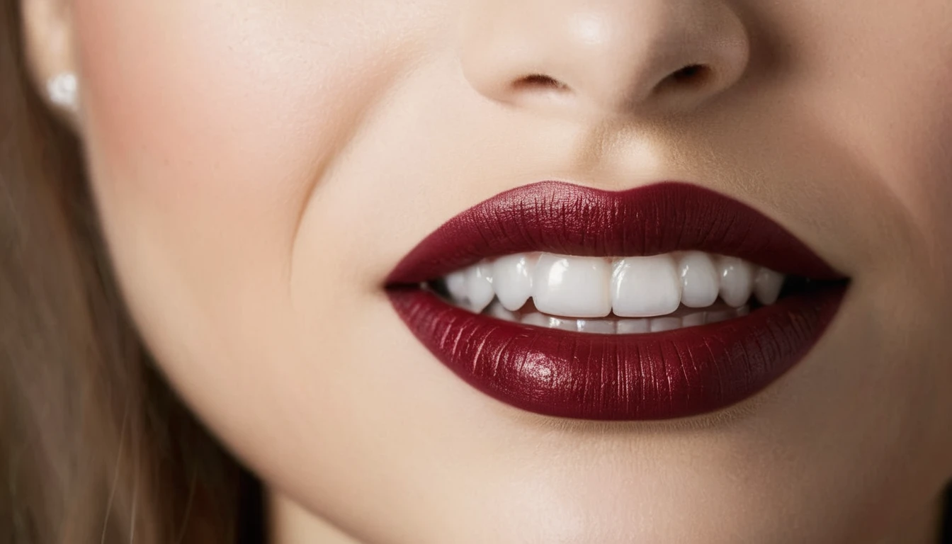 a gentle kiss, (A witch's smile that lifts the corners of her mouth), (evil smile:1.3),(Dark red lips, glossy lips), Fangs, tongue, saliva, Focus only on the mouth, Woman mouth close up, from front