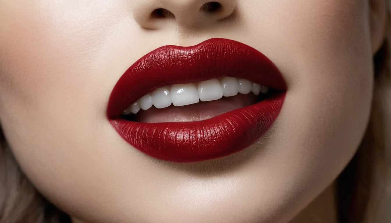 a gentle kiss, (A witch's smile that lifts the corners of her mouth), (evil smile:1.3),(Dark red lips, glossy lips), Fangs, tongue, saliva, Focus only on the mouth, Woman mouth close up, from front