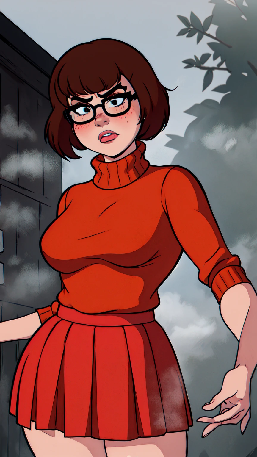 1girl, Velma from scooby-doo, solo, fat (fat body), brown hair, black eyes, square glasses, orange turtleneck blouse and red skirt, eyeliner, looking at viewer, lips, black bob cut, blunt bangs, blush, standing, upper body, face focus, outdoors, horror \(theme\), night, fog egirlmakeup, angry face