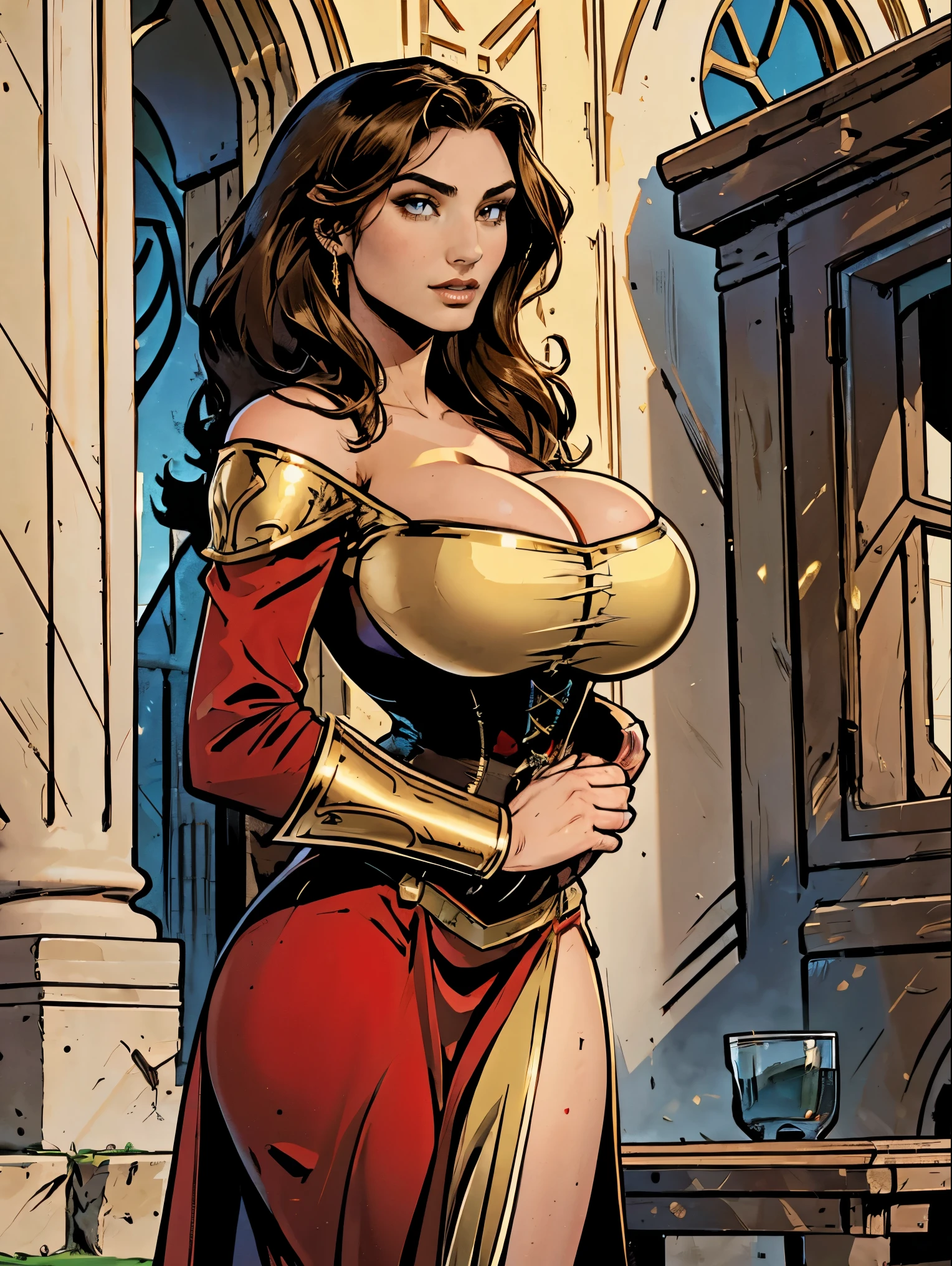 Gorgeous and sultry busty athletic (thin) brunette with sharp facial features and (huge boobs) wearing a red dress, long sleeves, bracers, corset, gold trim, sorceress attire.  Castle courtyard.