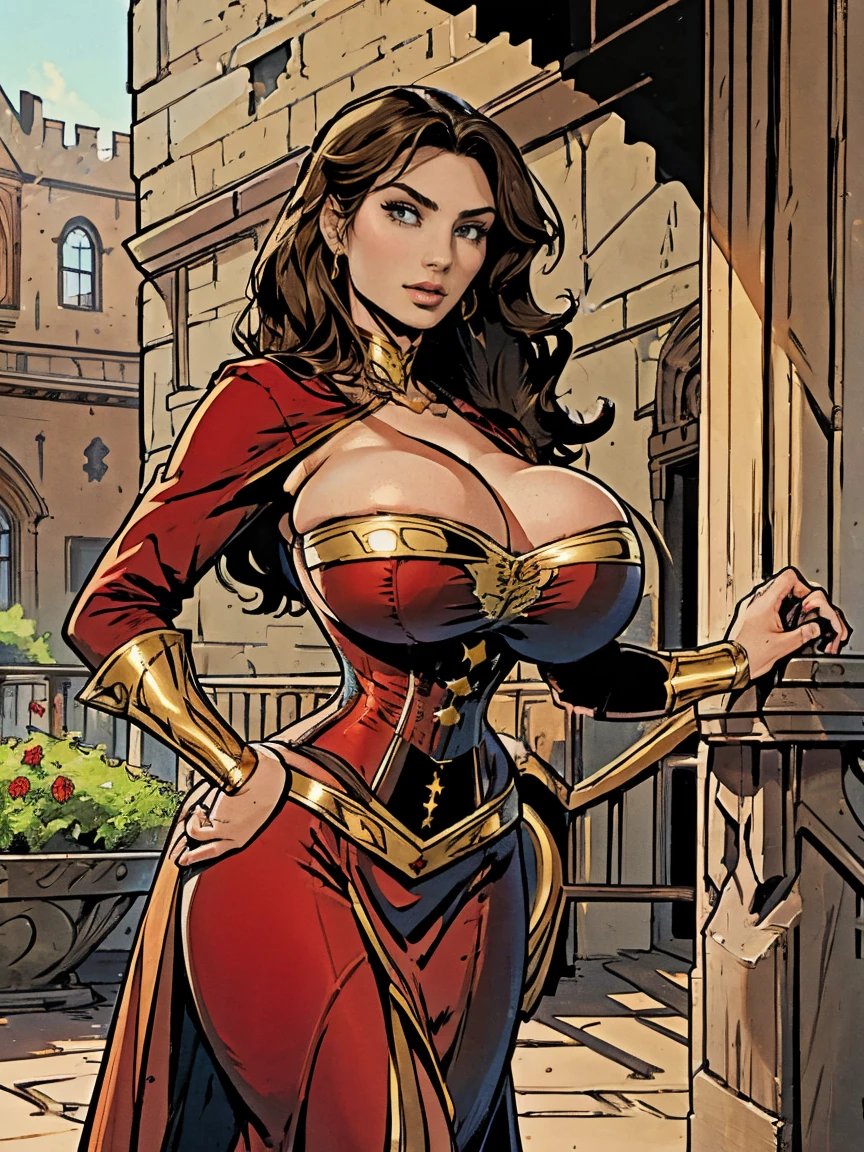 Gorgeous and sultry busty athletic (thin) brunette with sharp  features and (huge boobs) wearing a red dress, long sleeves, bracers, corset, gold trim, sorceress attire.  Castle courtyard.