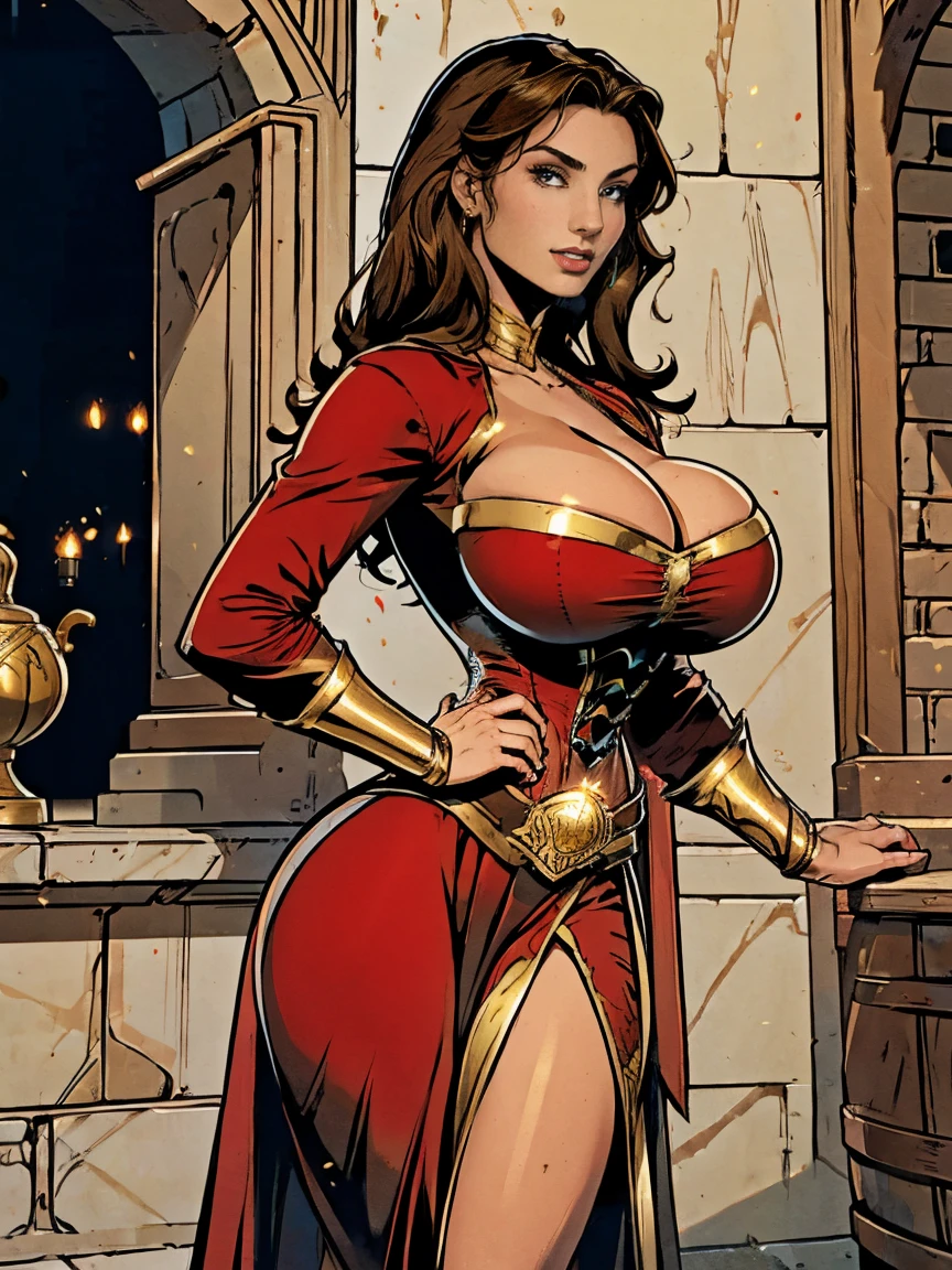 Gorgeous and sultry busty athletic (thin) brunette with sharp facial features and (huge boobs) wearing a red dress, long sleeves, bracers, corset, gold trim, sorceress attire.  Castle courtyard.