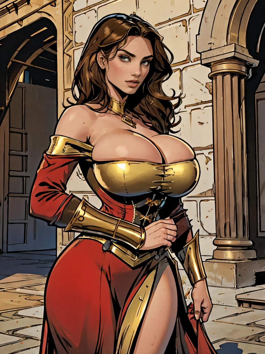 Gorgeous and sultry busty athletic (thin) brunette with sharp facial features and (huge boobs) wearing a red dress, long sleeves, bracers, corset, gold trim, sorceress attire. Castle courtyard.