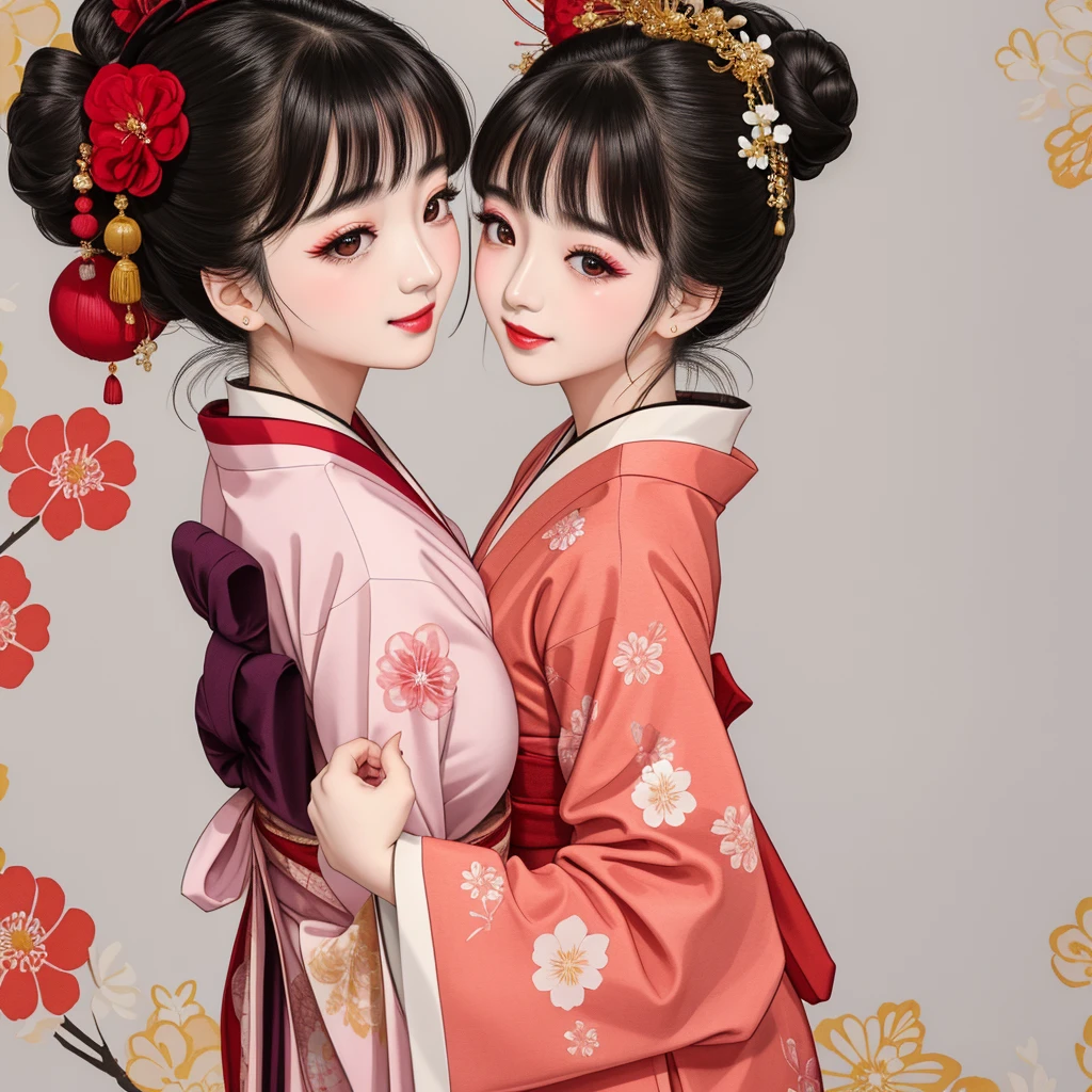 Each has a different expression２People and sisters、(２ girls）、｟Dancing traditional arts with grace)、((Big Breasts、Small Face、Not exposed))、Highest quality、masterpiece、（Black Hair、Bun Hair）、Brown Eyes、｟Wide angle、Angle from above the waist、雑誌の表紙のPause、Their gazes are different, gazing into the distance｠、(８K High Quality、masterpiece、High resolution、Realistic and beautiful light and shadow、(Highest quality)、(High Resolution)、(Very delicate and beautiful)、(Beautiful 8k face)、(With a smile、Beautiful eyes)、(Clear skin)、(Soft hair)、(８Head to Body)、(A Japanese style yukata kimono with red, pink and orange floral patterns on a white background, interspersed with gold powder、Wearing a yukata２Beautiful Japanese girls)、((Tanabata decoration background))、((Small Face))、(arms up)、Thin and small nose、（Red lipstick）、（Make your cheeks red）、（Glossy skin）、((Ink painting style))、Very thin eyebrows、Overall ultra-high image quality、（She is wearing maiko-style makeup.）、Whitening、Long and beautiful eyelashes、Glowing Skin、（Red cheeks）,Straight nose、masterpiece、Highest quality、whole body、 Eyebrows visible through hair、Bun Hair、Grin、Gal、コGal、Viewer&#39;s Eyes、Plaid、Stylish、woman、fine、Pause、
Waiting to start 
