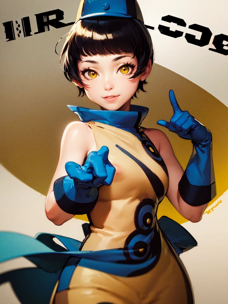 1 girl, solo, Athletic body, happy, smile, in a costume of a fantastic space hero, Large cutout, breast-baring., dark hair, bun haircut, Big bust, wide hips, dark laboratory in the background