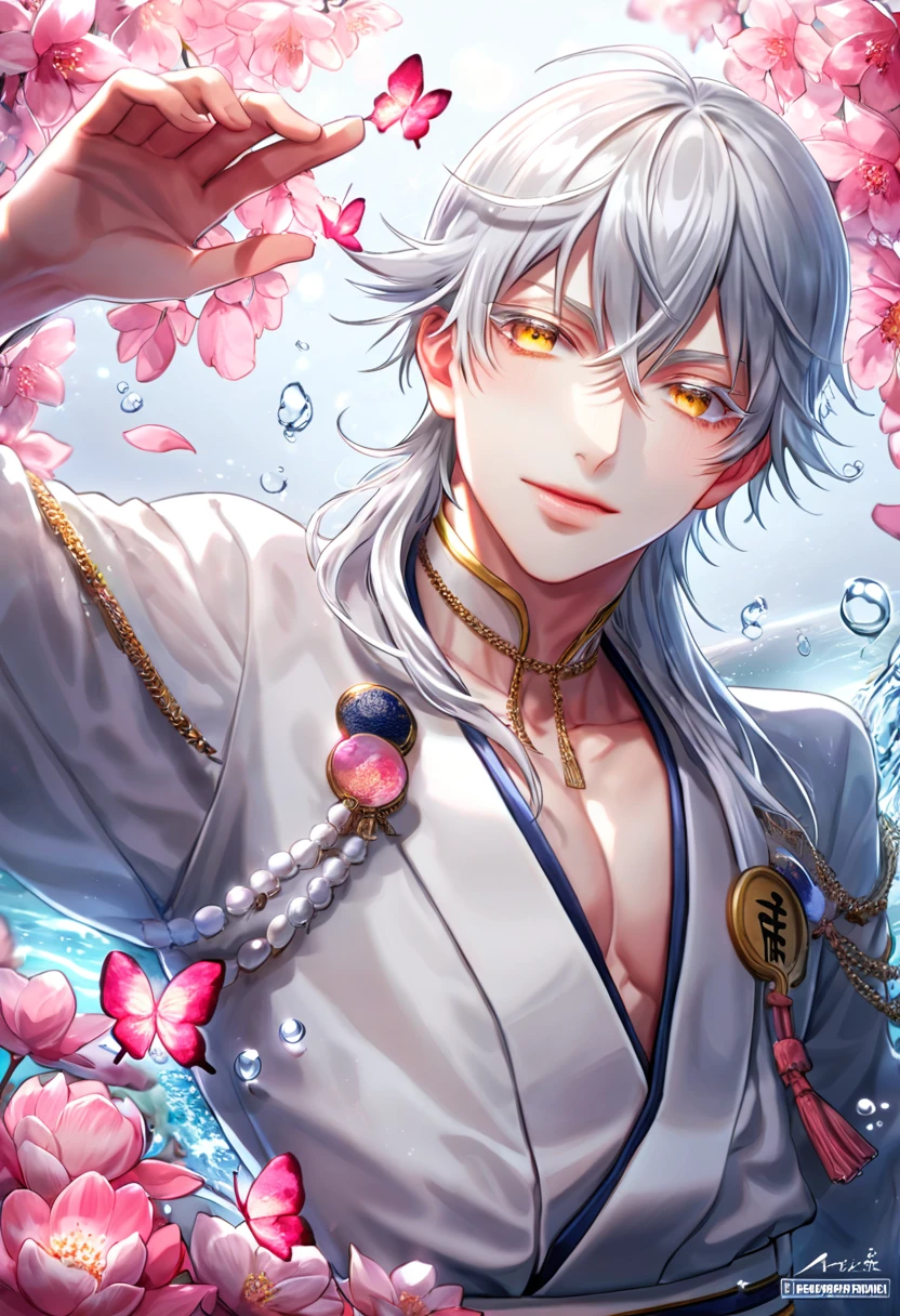 absurdres, highres, ultra detailed, HDR, master piece, best quality, Tsurumaru Kuninaga, white hair, expressive yellow eyes, white eyelashes, Touken Ranbu, solo, sexy man, handsome, white clothes, fantasy, shining, water, pink flowers, pink blossoms, pink butterflies, pink petals