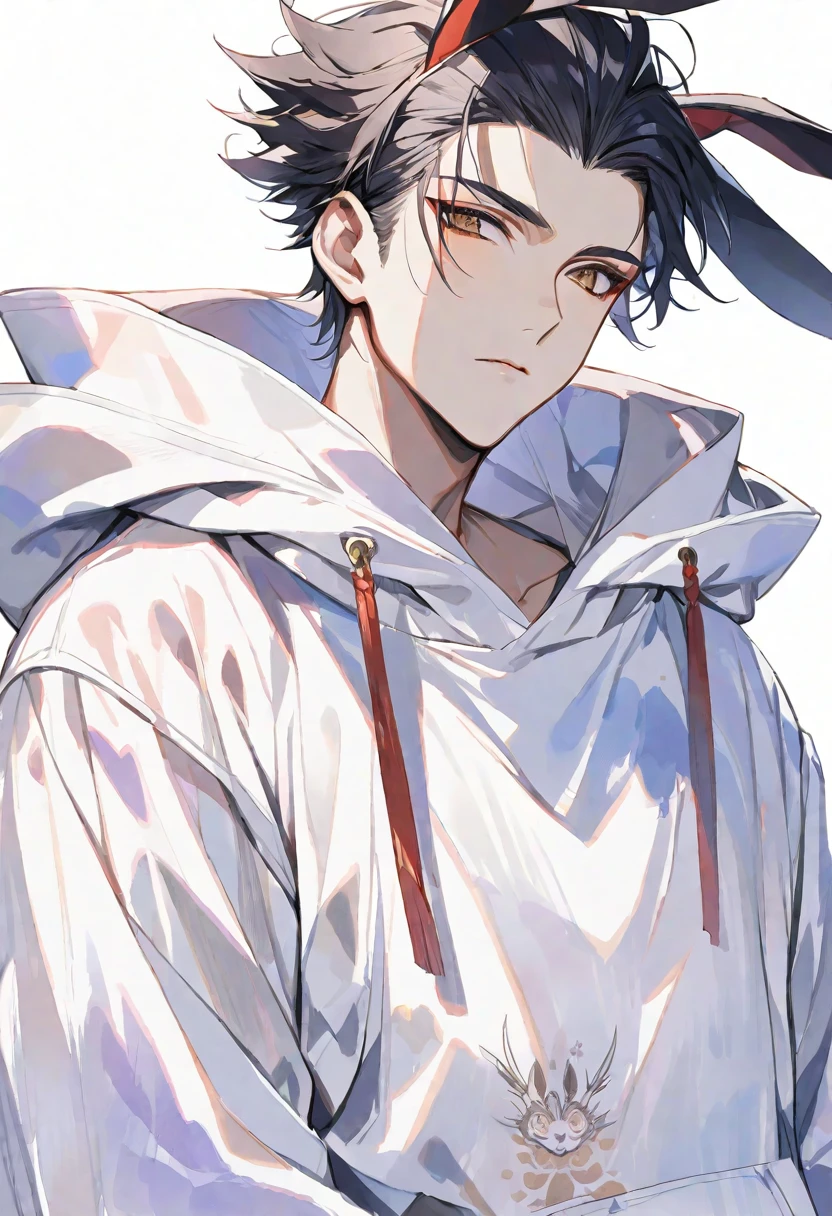 独奏, handsome, Watercolor,
1. male,
hime cut,Straight Hair,short Hair, 
black hair, 
brown Eyes,Soft look,Gojo Satoru,
White hoodie,
skin,Rabbit tattoo,Bunny ears,
White background,