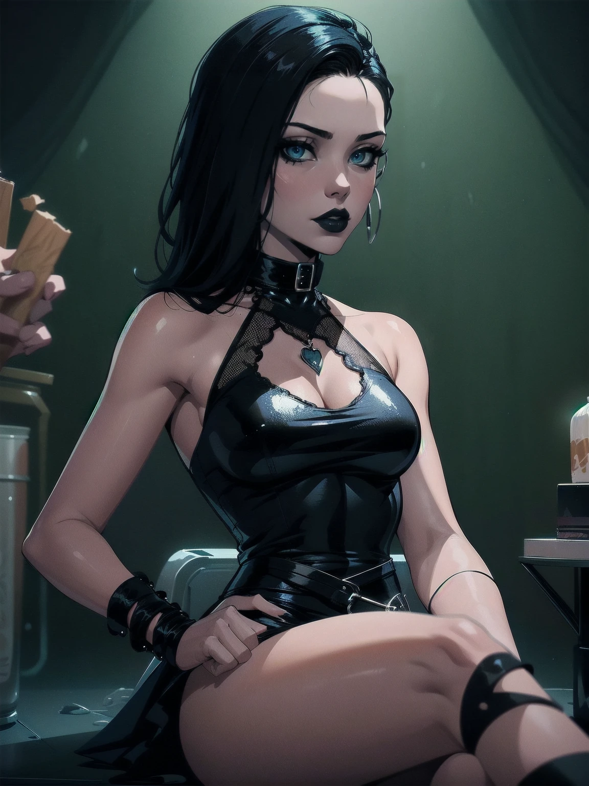 a woman with medium black hair,  black dress,  blue eyes, gothic art, cute aesthetic with vibe, toon aesthetic, wearing gothic accessories, look like Cassie Hack, upper body, party background