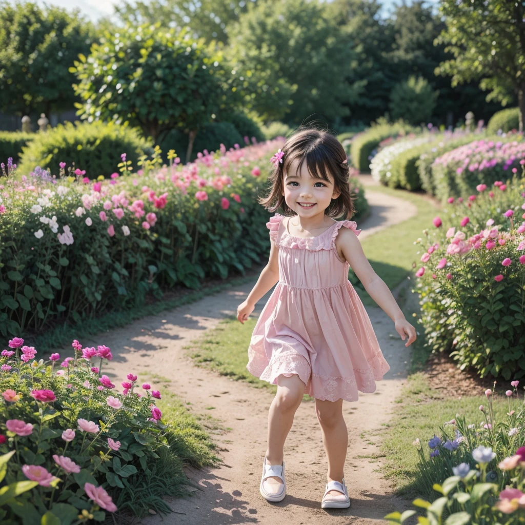 Cute and delicate  playing in a pink flower garden, the  is running among the flowers in the garden and smiling