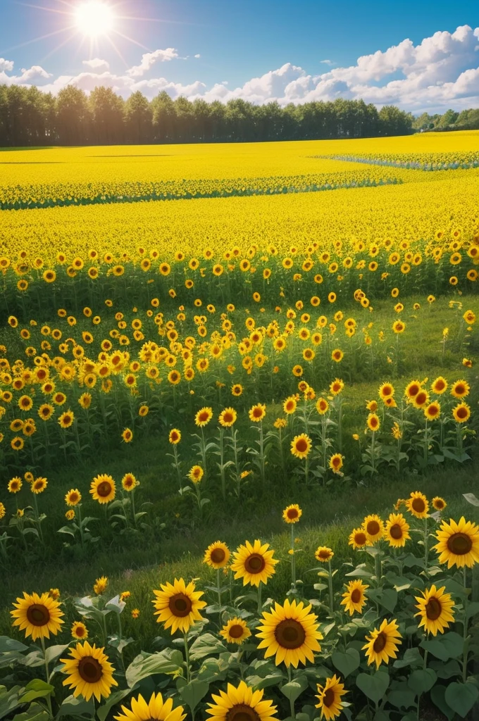 Flower garden in a grass field. The sun is coming out and the sky is very clear and beautiful. The ground is covered in sunflowers , tulips and beautiful fluffy flowers
