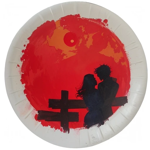 there is a paper plate with a painting of a couple on it, inspired by Emil Nolde, red sun in the background, red sun, inspired by Slava Raškaj, inspired by Rufino Tamayo, sun setting, inspired by William Kentridge, big red sun, inspired by Władysław Ślewiński, inspired by Aaron Douglas