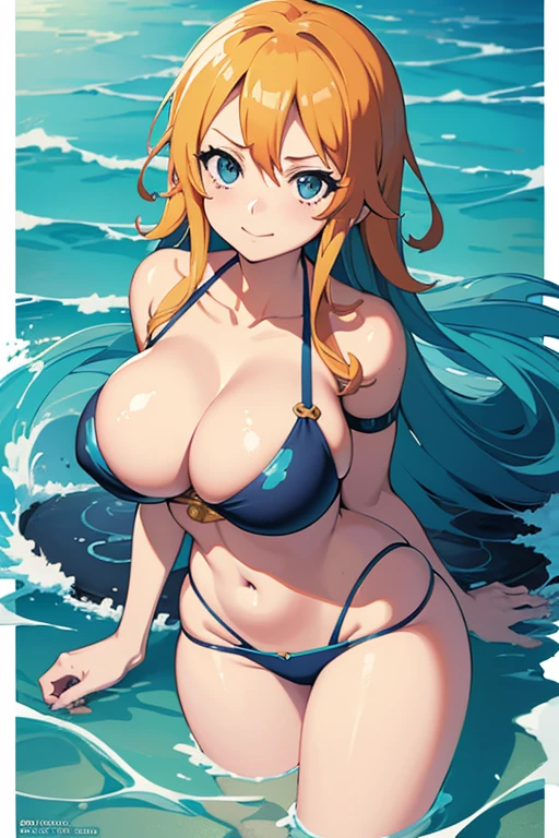 a cartoon picture of a woman in a bikini, oppai proportions, nami, the goddess of summer, oppai, nami from one piece, sfw huge breasts, nami one piece, covered sfw huge breasts, tony taka, splash art anime , goddess of summer, grimgar, full art, smooth anime cg art, anime woman fullbody art