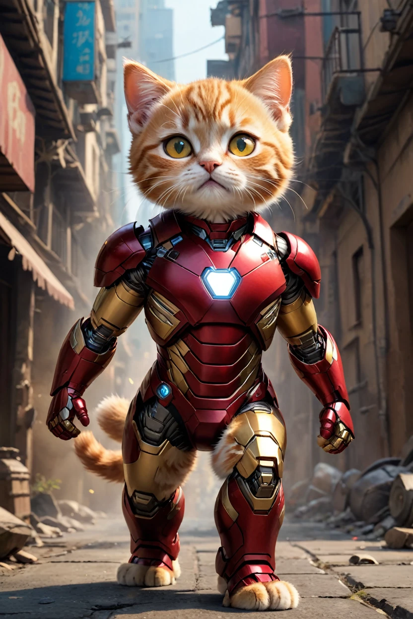 small, There are no humans in this world、The world of anthropomorphized cats、Iron Man suit mark50Wear、かわいいbornき物全身, Costumes,、 Fantasy art, Exquisite detail, An anthropomorphic, fat, furry tabby kitten with yellow eyes, Movie Scenes, Dramatic shot angles, , Realistic, born々Amazing cinematic photorealism, Action Portrait, 8K, detailed, Full Frame