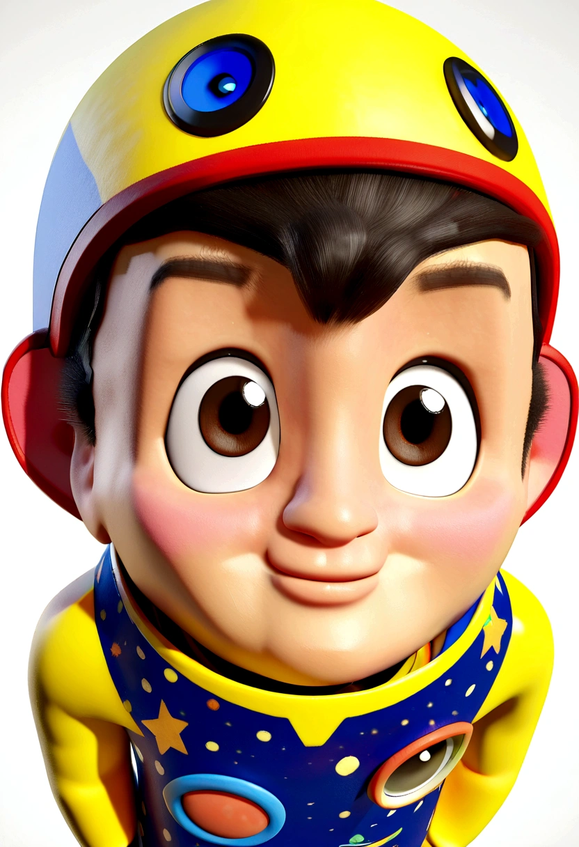 a happy and cute boy with short hair, wearing a space costume, , White background, the , tom, Pixar-style, ....3d, Cartoon s, face detailed, asymmetric 16k