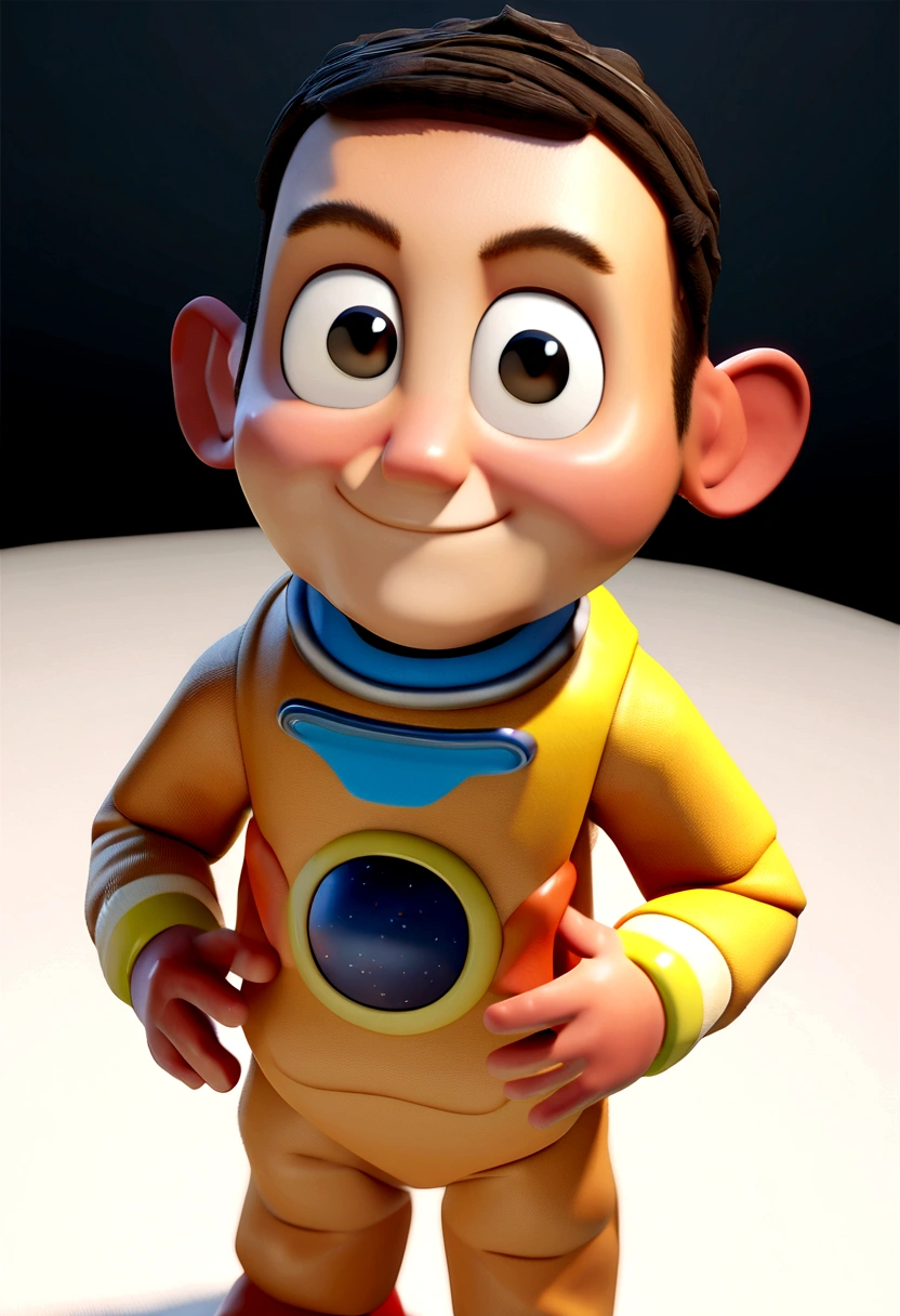 a happy and cute boy with short hair, wearing a space costume, , White background, the , tom, Pixar-style, ....3d, Cartoon s, face detailed, asymmetric 16k
