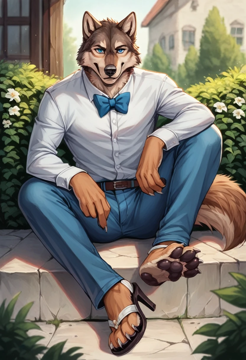 Larry (Zveropolis), wolf, gray fur, (brown body:1.3), beautiful blue eyes, Zveropolis, dressed,shirt,trousers, bow tie, sandals with heels,canine,wolf, Detailed fur, male, antro, paw pads, finger claws,legs,at viewer, 5 fingers, paws, 4 пальца на legs,Houses комната,sandals with heels,  coming, 
BREAK from nextel, for dating, by xenoforge, (difficult, high detail,digital photography, soft focus, RAW, close to the camera, smile, positive, good, mood, Houses, looks at the viewer, очень close to the camera, is sitting, computer plays, 
Photorealism, realistic, photorealistic,digital style, Subsurface scattering,очень close to the camera
шедевр, Best quality, ultra realistic, 8 k)
