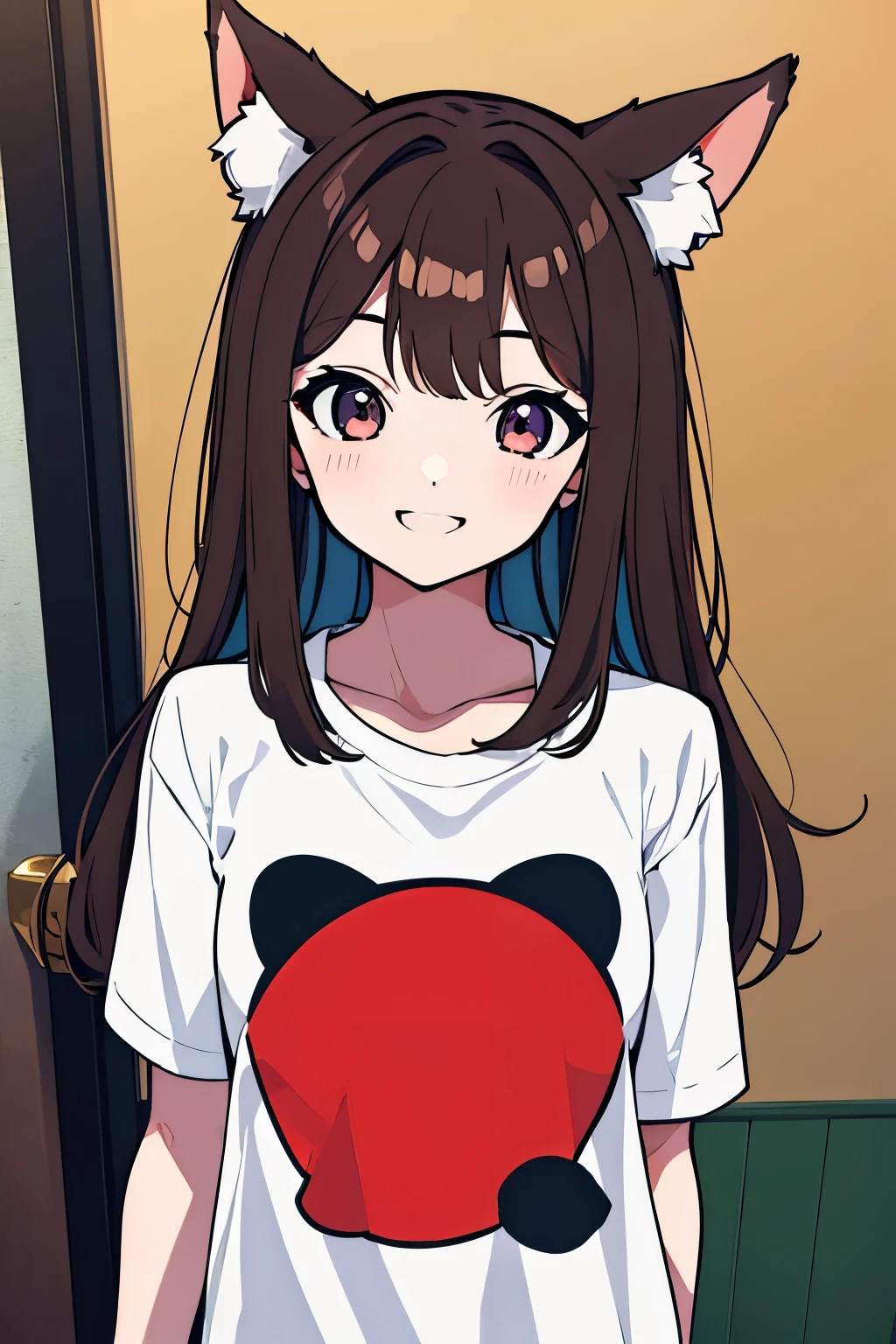 girl 1명, brown hair, girl, puppy ears, Puppy tail, t-shirt, B cup,smiling, cute, 4K, Anna Yamada Style