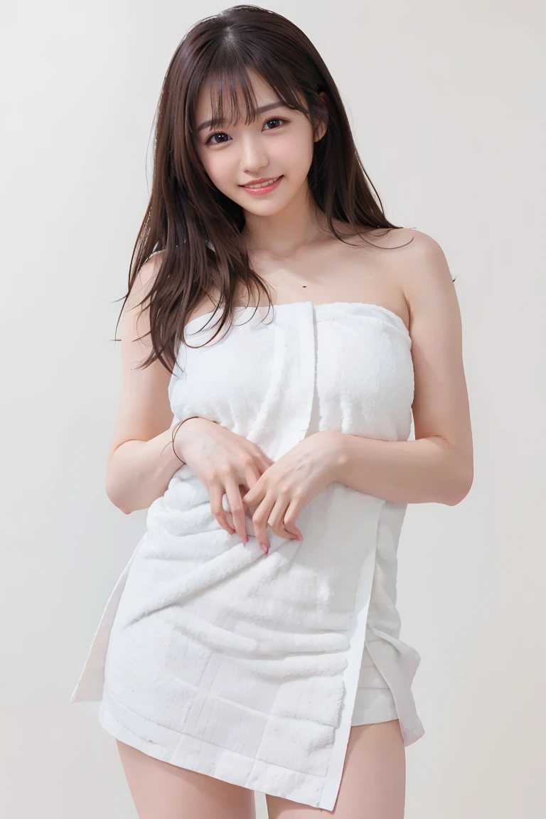 (Highest quality、Tabletop、8K、Best image quality、Award-winning works)、One beautiful woman、(Naked with a bath towel wrapped around her:1.3)、(The simplest pure white background:2)、(Damp Hair:1.1)、(Sweaty, damp skin:1.1)、Brightly lit face、Hot face、Very bright、Ultra-high definition cute face、Ultra high resolution perfect beautiful teeth、Ultra HD Hair、Ultra-high definition moist, shiny skin、Super high quality glossy lips、(Accurate anatomy:1.1)、(Big Breasts:1.1)、(Big cleavage:1.1)、Slender body、(Accentuate your body lines:1.1)、(Accurate anatomy:1.2)、(Perfect beautiful bath towels:1.3)、Staring at me