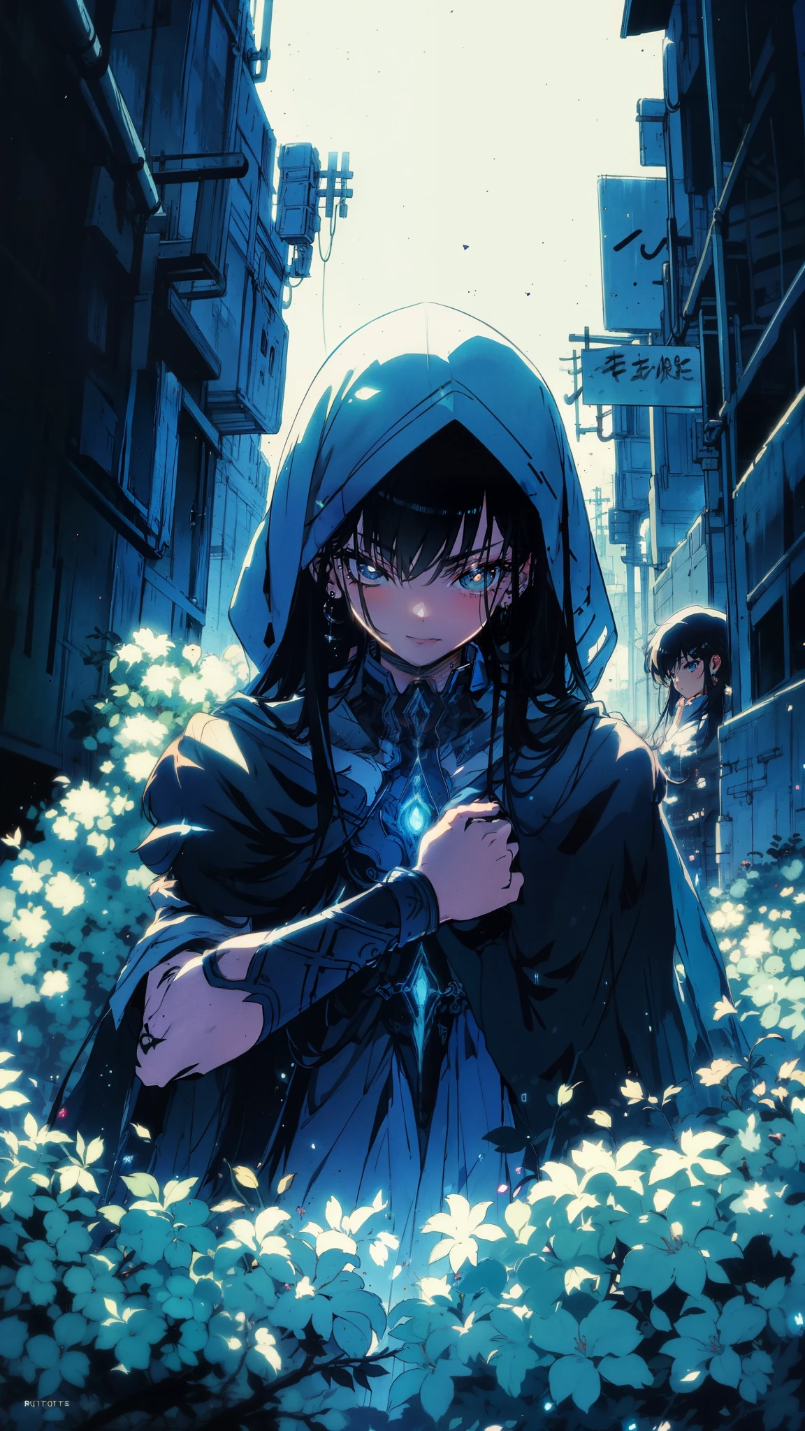 Tattos, A cloaked teenager with glowing eyes, cautiously navigating a dark, mist-shrouded alleyway. Half-length shot, low angle, sense of mystery, abasterpiece)), ((best quality)), ultra detailed,((illustration)), dynamic angle, detailed light, (delicate eyes), (ahoge:0.8),apathy, ray,frontage,style of anime4 k, 4k anime wallpaper, badass anime 8 k, 4 k comic wallpaper