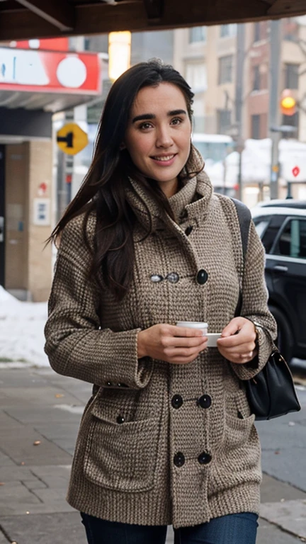 Jennifer Connelly dressed in warm clothes with a sexy smile.