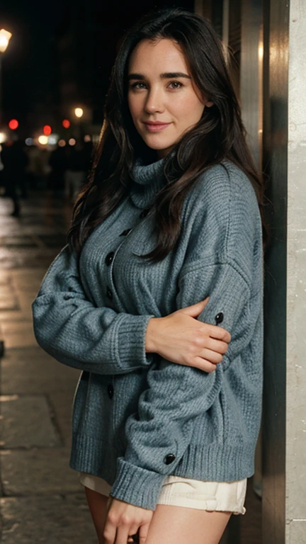 Jennifer Connelly dressed in warm clothes with a sexy smile.