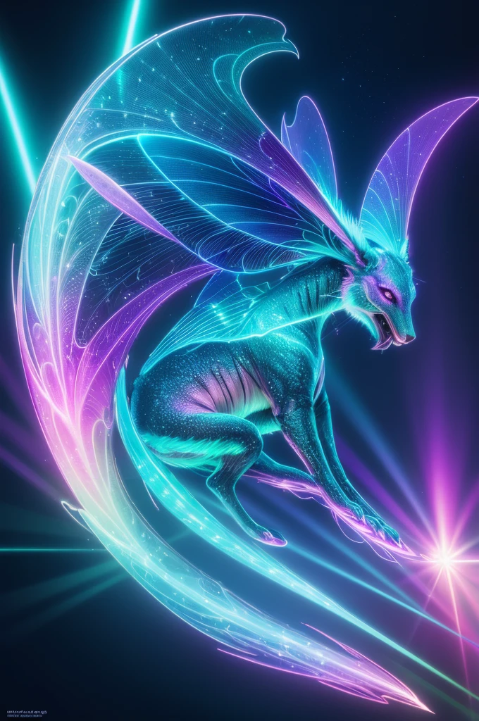 Fantasy animal made of neon rays, ultra detailed, fairy lighting, photorealistic, bright colors, volumetric rays of light, hdr.”