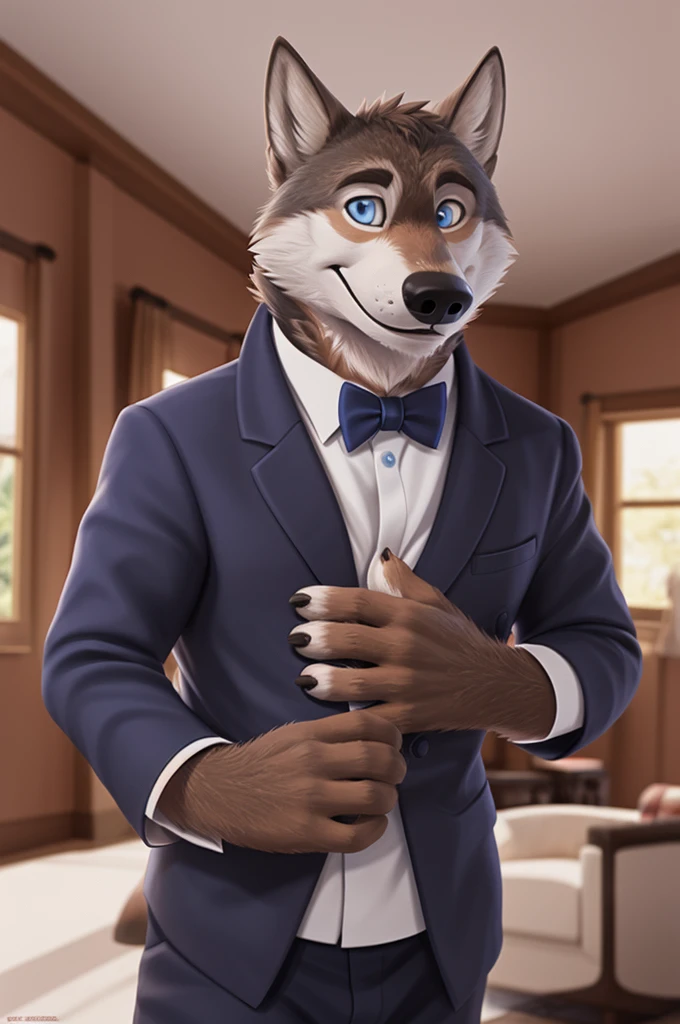 Larry (Zveropolis), wolf, gray fur, (brown body:1.3), beautiful blue eyes, Zveropolis, dressed,blazer,pink shirt,trousers,bow tie, canine,wolf, Detailed fur, male, antro, paw pads, finger claws,одевает bow tie, Plays,at viewer, 5 fingers, paws, 4 toes, in the marriage palace, groom,ring on a finger, 
BREAK from nextel, for dating, by xenoforge, (difficult, high detail,digital photography, soft focus, RAW, close to the camera, smile, positive, good, mood, Houses, looks at the viewer, очень close to the camera, in the shop,his wedding, wedding palace combination, 
Photorealism, realistic, photorealistic,digital style, Subsurface scattering,очень close to the camera
шедевр, Best quality, ultra realistic, 8 k)