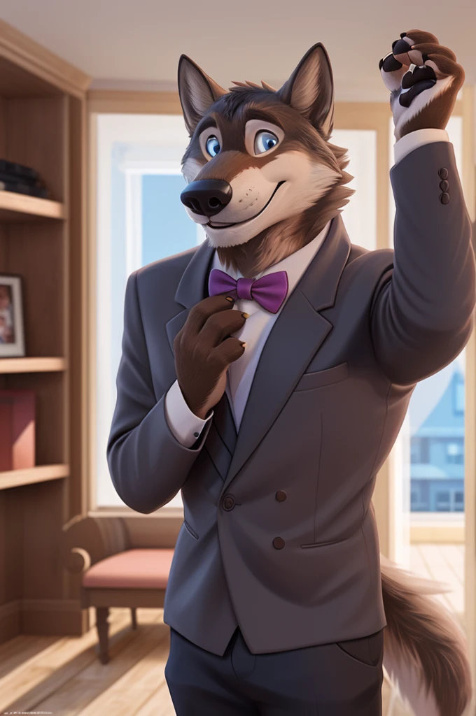 Larry (Zveropolis), wolf, gray fur, (brown body:1.3), beautiful blue eyes, Zveropolis, dressed,blazer,pink shirt,trousers,bow tie, canine,wolf, Detailed fur, male, antro, paw pads, finger claws,одевает bow tie, Plays,at viewer, 5 fingers, paws, 4 toes, in the marriage palace, groom,ring on a finger, 
BREAK from nextel, for dating, by xenoforge, (difficult, high detail,digital photography, soft focus, RAW, close to the camera, smile, positive, good, mood, Houses, looks at the viewer, очень close to the camera, in the shop,his wedding, wedding palace combination, 
Photorealism, realistic, photorealistic,digital style, Subsurface scattering,очень close to the camera
шедевр, Best quality, ultra realistic, 8 k)