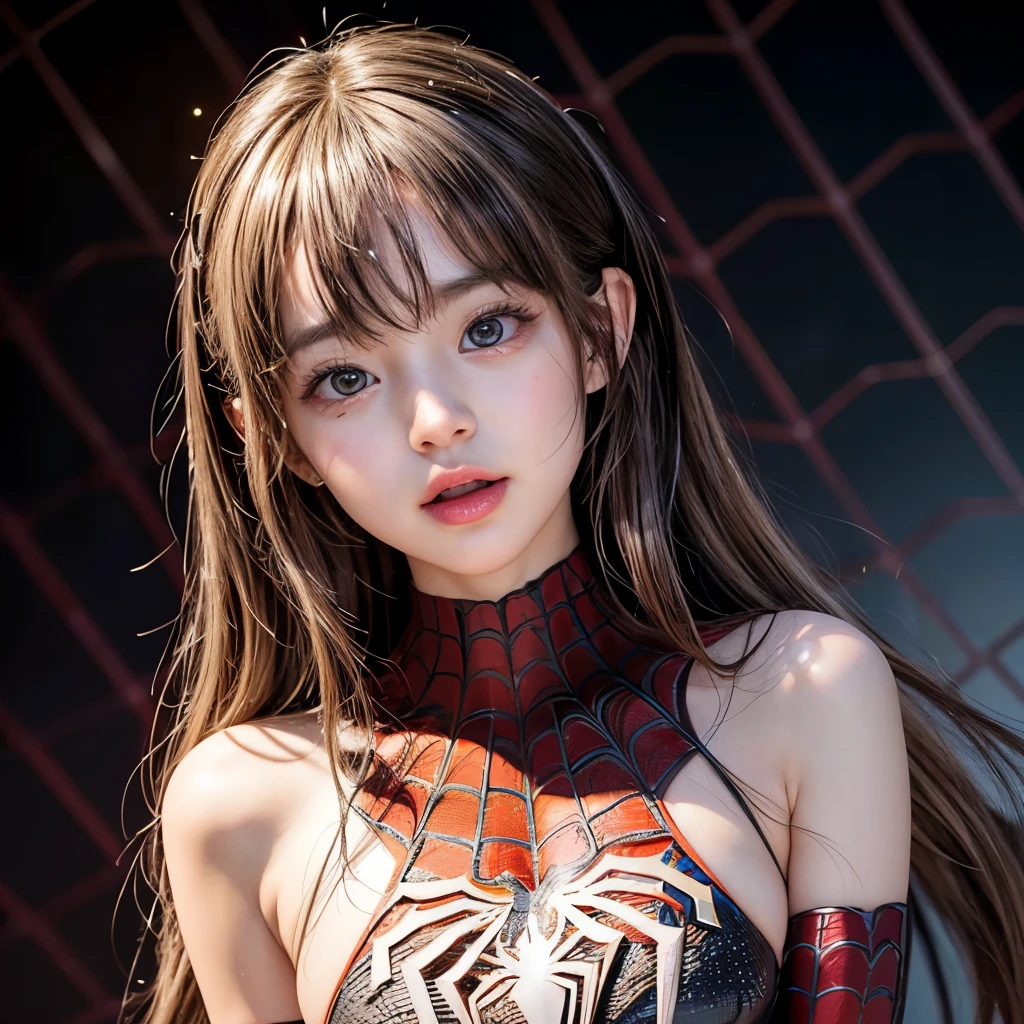 , 8k, High-level, absurd, masterpiece, best quality, primitive, very detailed CG, very detailed wallpaper, perfect lighting, Extremely detailed (((The personifying " Spiderman " as a Little Girl))), MysticSight, Tyndall effect, Tyndall scattering, Studio gray background with (many Dazzling RainbowColor particles BokeH:1.28), (RoundlyButts, ThighGap), (:0.4), (Assfocus with looking ahead), BREAK (NOGIZAKA face variations) Extremely Detailed very KAWAII face variations, perfect , Childish, captivating gaze, elaborate detailed Eyes with (sparkling highlights:1.28), long eyelashes、Glossy RED Lips with beautiful details, Coquettish , Rosy cheeks, Radiant PearlSkin with clear transparency . { (Dynamic LifeLike expressions:1.4) | :d) }, (large eyes:-1) .