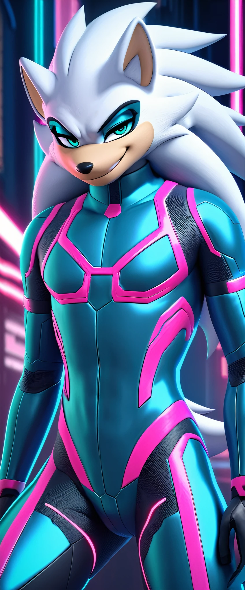 (((masterpiece:1.5, 4K, 8K))), a (((full body))) high quality digitally drawn rendered image ((by SEGA)) of A solo male anthro ((silver—white hedgehog)), with glowing blue eyes, ((metallic blue eyeliner:1.5)), (((tan muzzle))), wearing a (((sci-fi bodysuit))) stands in a neon-lit cyberpunk city The android's bodysuit is adorned with (((bright teal coloring:1.5))) with (((neon pink accents:1.4))), and intricate android seams, creating a futuristic look. the android has a seductive smirk on his face
