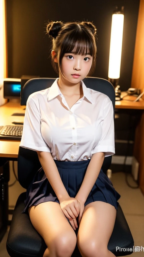 (Highest quality, 8K, masterpiece ), A 12-year-old junior high school student with a young face、Bun hairstyle、 Short Hairstyles、The eyes are large and clear、F cup large breasts、Black Hair、My shirt is about to tear、Glamour thighs:1.2、satin button down shirt, Highly detailed face, double eyelid, Round face:1.2、whole body、Sexy thighs:1.2、Round face:1.3、Side angle,Diagonal horizontal angle:1.2、Pleated mini skirt、Sitting in a chair in a dark office at night with the lights out、A computer is placed in a dark office at night with the lights off.