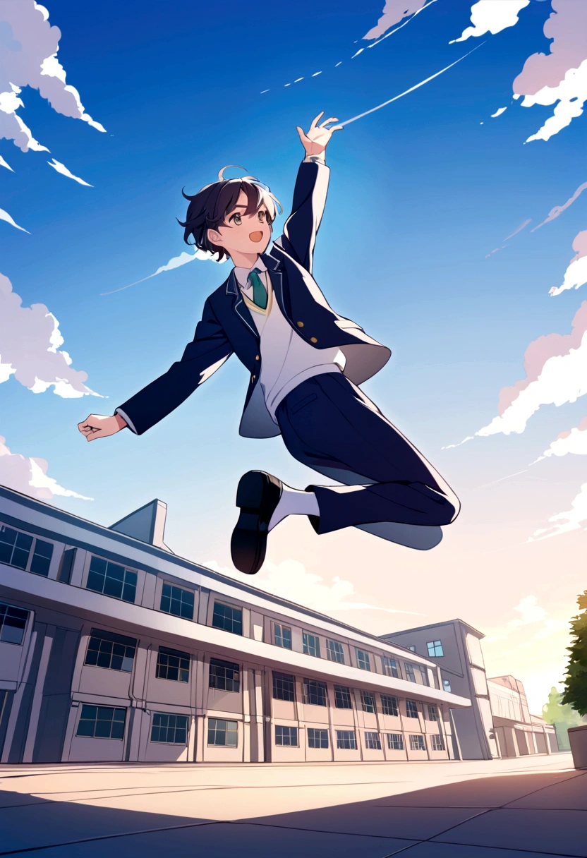 Hight school boy wearing cool uniform, jumping, school building background