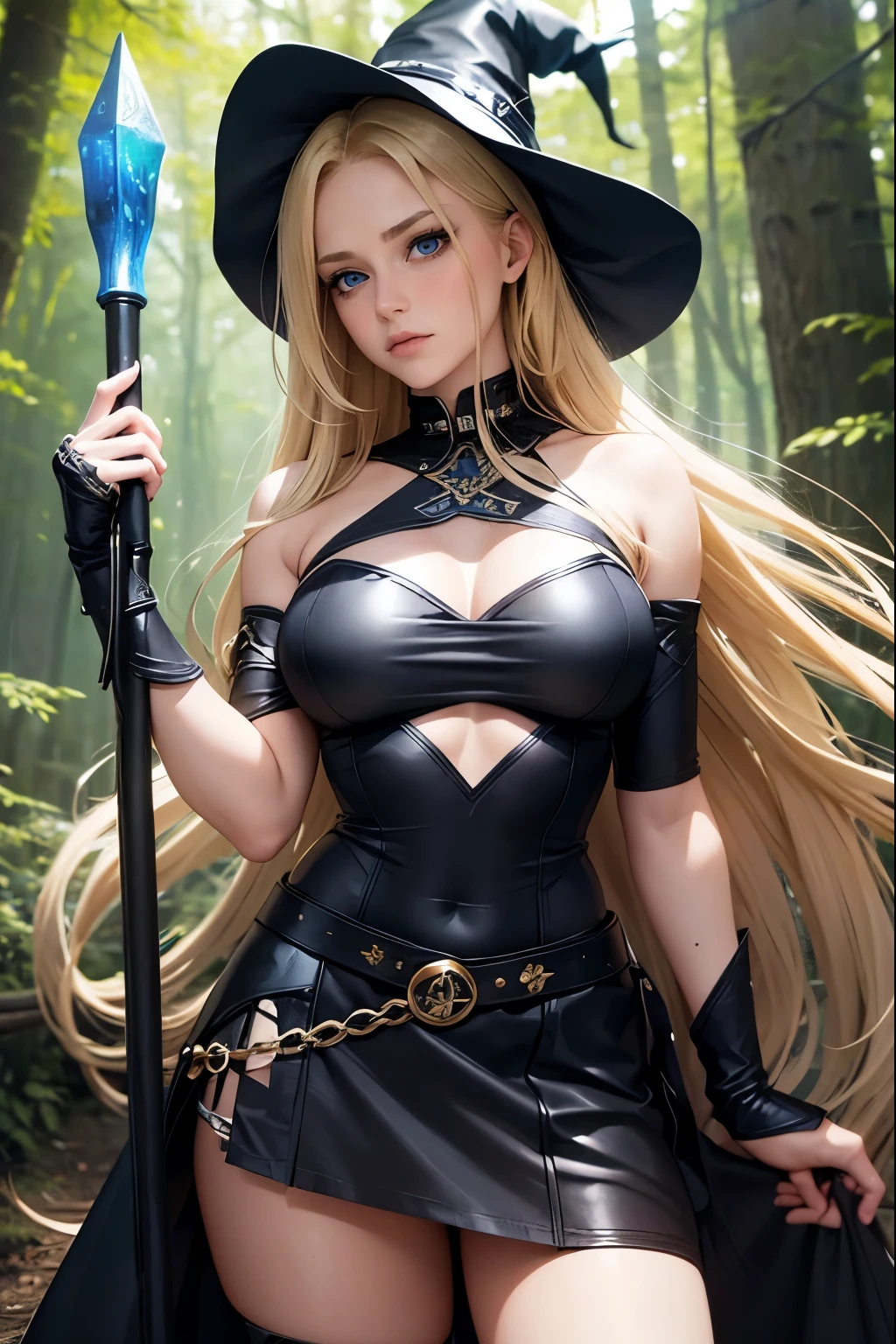 Woman, Blonde hair, Long Hair, Blue eyes, black leotard, black skirt, Magical runes on skirt, LArge dildo in hand, Witches Hat, standing in magical forest