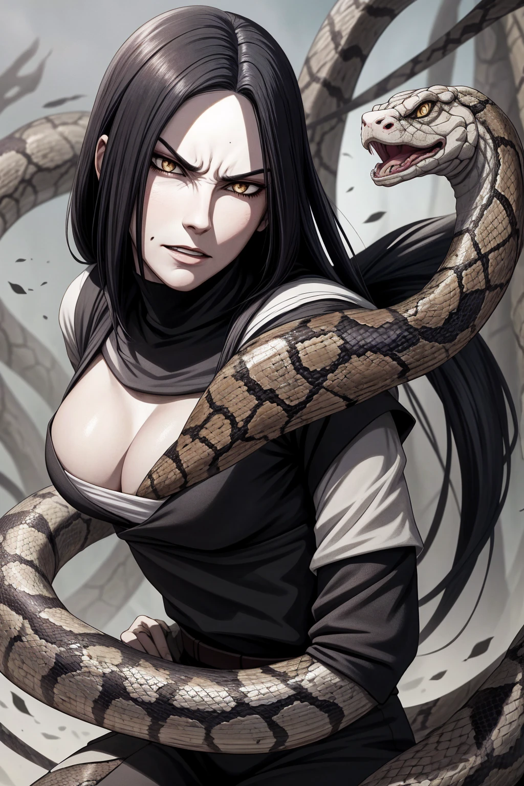 {-erro_de_anatomia:1.0} estilo anime, Masterpiece, absurdities, Orochimaru\(Naruto\), 1girl Solo, Mature woman, Oversized shirt with broad shoulders, Perfect composition, Detailed lips, large breasts, Beautiful face, body proportion, Blush, Long black hair, ( black hair), yellow eyes, Soft gauze, Super realistic, Detailed, photo shoot, Realistic faces and bodies, masterpiece, best quality, best (snake eyes) illustration, hyper detailed, 1 girl, solo, glamorous, blushing, whole body, angry face, on attack