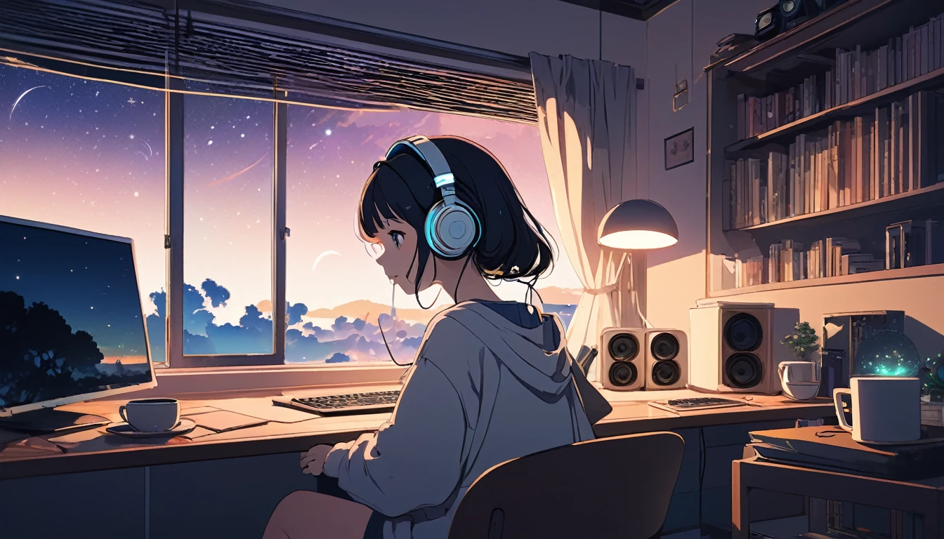 Girl wearing headphones、Computer and mug on the desk、Night outside the window, Wide-angle lens, Lofi Anime, Lofi illustration, Aesthetic atmosphere, Lo-Fi Style, Vector art, Flat Design, Simple shape, Warm tones, Pleasant atmosphere, Chill, In anime style, Digital drawing, Vector art, Vector logo for t-shirt printing, (Adorable:1.5), (small:1.4), (Playful:1.2), (soft:1.3), (Whimsical:1.1), masterpiece, Highest quality, 8K, Intricate details, grow, Celestial, Mysterious, Picturesque, amazing, Majestic, Magic, Fantasy art, Cover art, dream-like