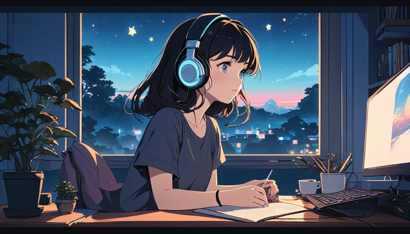 Girl wearing headphones、Computer and mug on the desk、Night outside the window, Wide-angle lens, Lofi Anime, Lofi illustration, Aesthetic atmosphere, Lo-Fi Style, Vector art, Flat Design, Simple shape, Warm tones, Pleasant atmosphere, Chill, In anime style, Digital drawing, Vector art, Vector logo for t-shirt printing, (Adorable:1.5), (small:1.4), (Playful:1.2), (soft:1.3), (Whimsical:1.1), masterpiece, Highest quality, 8K, Intricate details, grow, Celestial, Mysterious, Picturesque, amazing, Majestic, Magic, Fantasy art, Cover art, dream-like