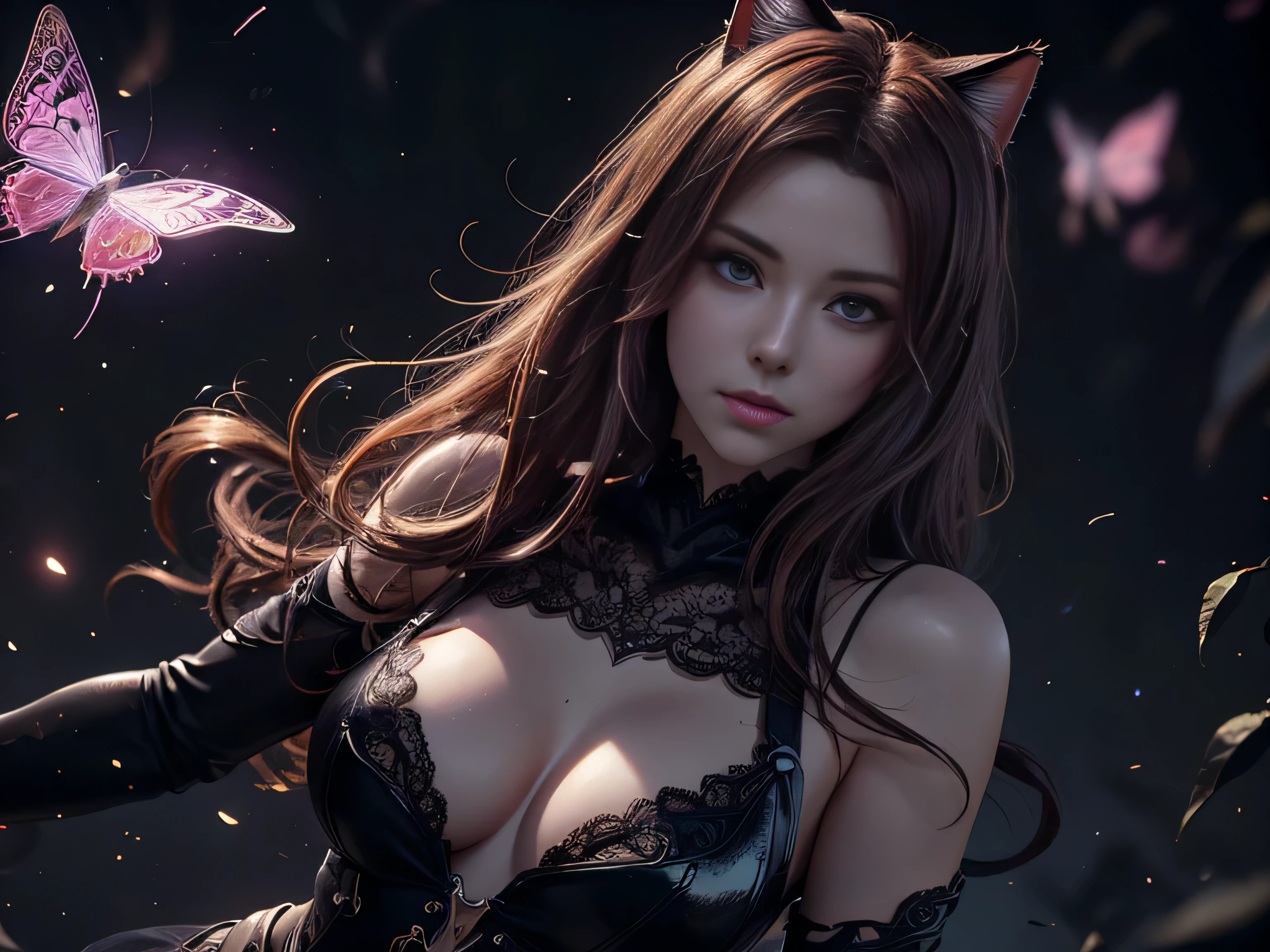 (Best Quality, 8K, Masterpiece, HDR, Soft Lighting, Picture Perfect, Realistic, Vivid), Cat Girl (1.0), Cat Girl with Red Hair and Dark Eyes in Revealing Clothes, Black Bodysuit with Lace Shiny Gloss Sheer Texture, Beautiful Anime Fantasy, Very beautiful and cute cat girl, large pink butterflies fly around, background blur, anime fantasy, work in Gouves style, realistic: 1.37, top view, red cat girl lies in blue flowers, large pink butterflies fly around, horizontal view, (Ultra High Quality Fantasy Art), Masterpiece, Female Model, Ultra High Quality Female Character Designs, Detailed 8k Anime Art, Realistic Anime Art, Highest Quality Wallpapers, Intricate Ultra High Quality Accurate Female Character Faces, High Quality Designs and Accurate Physics (Fantasy - Ultra High Quality) quality) quality)) art), dark fantasy style), masterpieces, super high-quality characters, anime resolution - 8K, realistic anime art, wallpaper with the highest quality illustrations, ultra-high detail of faces, high-quality design and accurate physics), color, depth of field, shadows, ray tracing, high quality workmanship. -high quality and 8K resolution, (Accurate simulation of the interaction of light and materials)], [High-quality hair detail [More about beautiful and shiny red hair]], (Beautifully detailed hands [perfect fingers [Perfect nails]]], (perfect anatomy (perfect proportions)))) [[Full-length]], [Perfect combination of colors (Accurate imitation of the interaction of light and material)], [art that conveys the meaning of the story](modified)